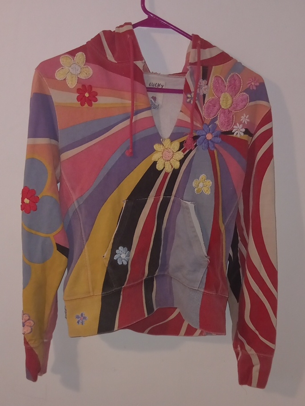 Vintage Y2K Lucky Brand Multicolor Floral Stripe Hooded Sweater